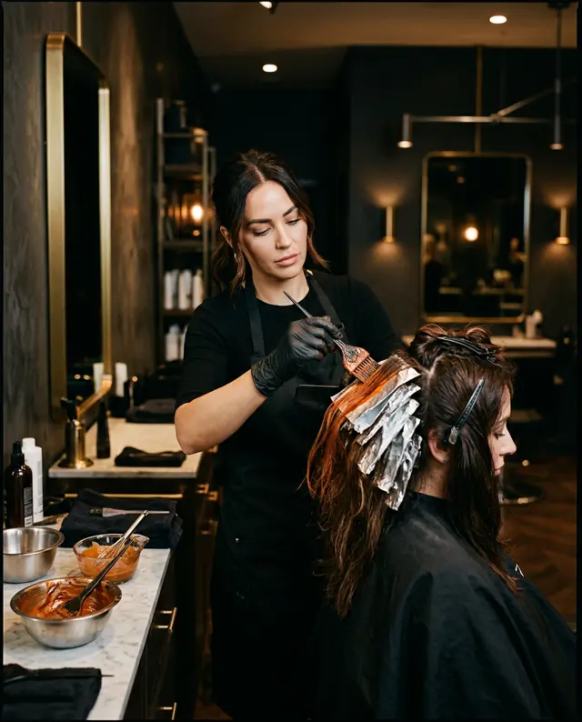 Stylist applying hair colour at KIYU Unisex Salon