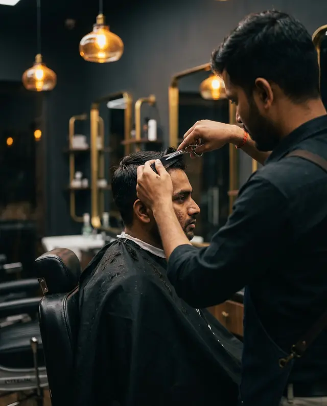 Barber styling a men's cut with scissors and comb at KIYU
