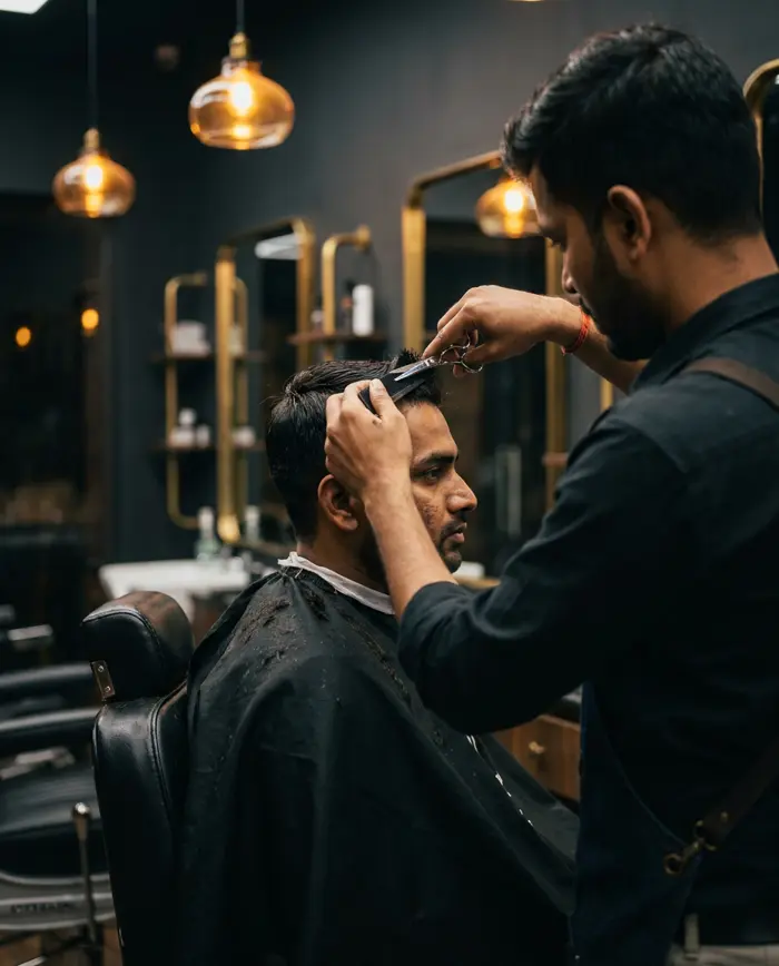 KIYU barber cutting a client's hair with scissors and comb
