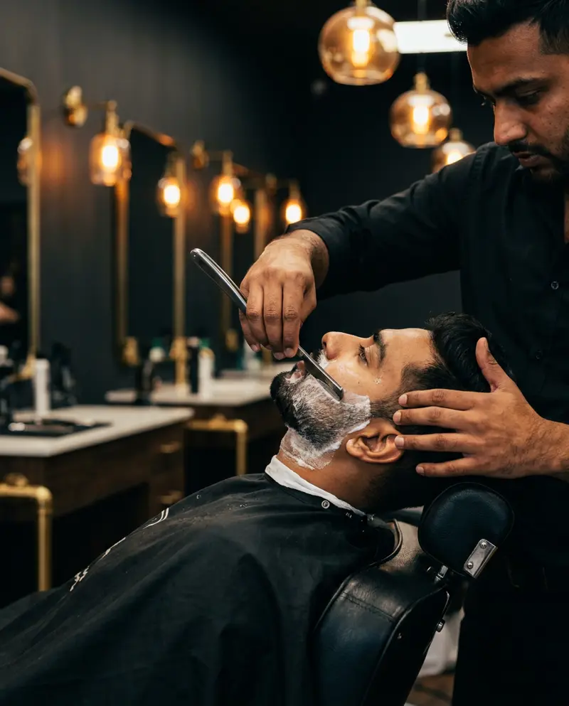 KIYU barber giving a client a straight-razor wet shave in a barber chair