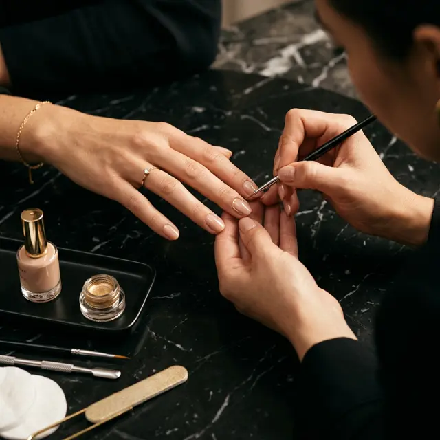 Manicure with gold nail detailing at KIYU Unisex Salon
